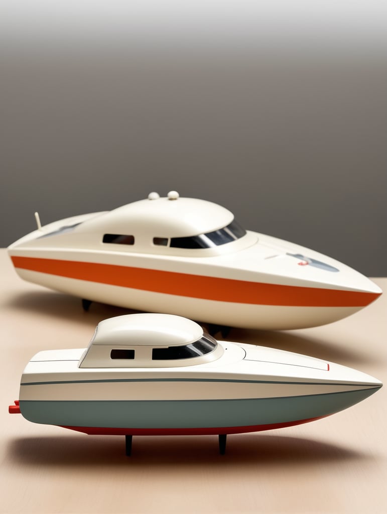 Toy chubby 1950s high speed racing boat designed by Dieter Rams. Simplistic minimalist post modernist product design. Oak top and injection molded plastic. Full object in view.