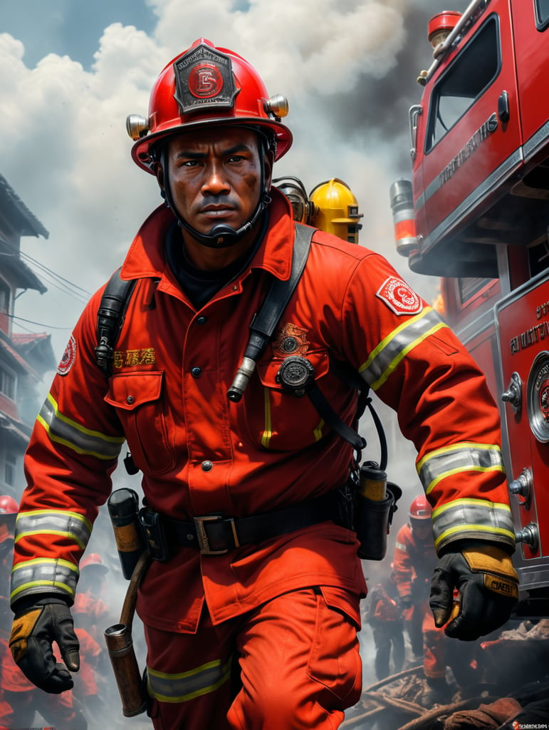 firefighter red clothes, low angle, indonesian human