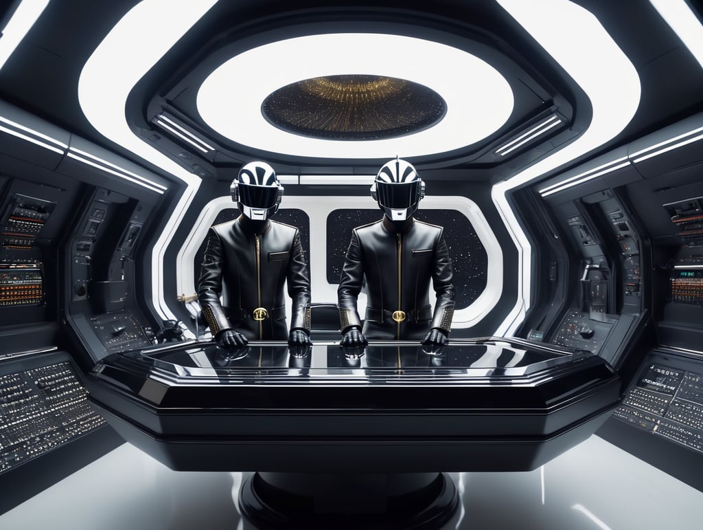 daft punk plays in a spaceship, interior design, cinematography, photography, volumetric, symmetrical, ultra wide angle, depth of field, highly detailed, ultra realistic, 16k