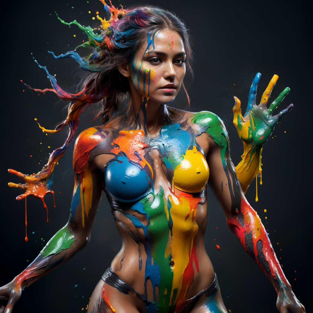 Woman with colorful paint on her body and arms, melted body, the paint is flowing, creative, bright colors