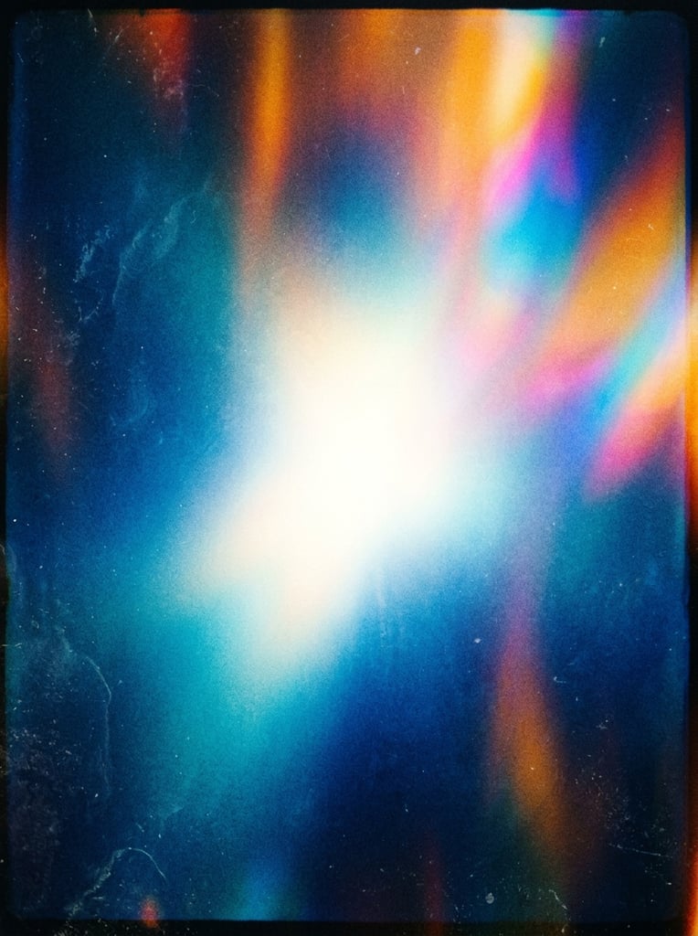 abstract luminous gradient, bright white central glow fading into deep blue and cyan, warm yellow and orange light leaks, heavy film grain texture, holographic color bleed, soft diffused lighting