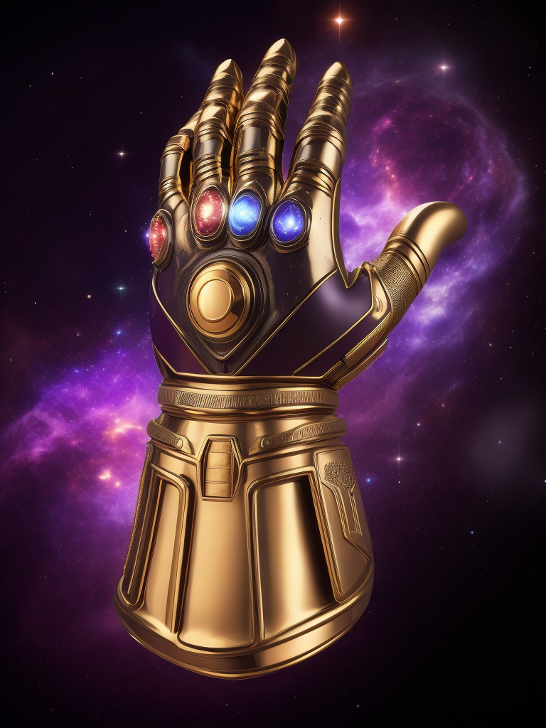 Golden glove of Thanos with infinity stones, Contrast light, 3d render, Dark purple pink background of space, sharp details, high detail