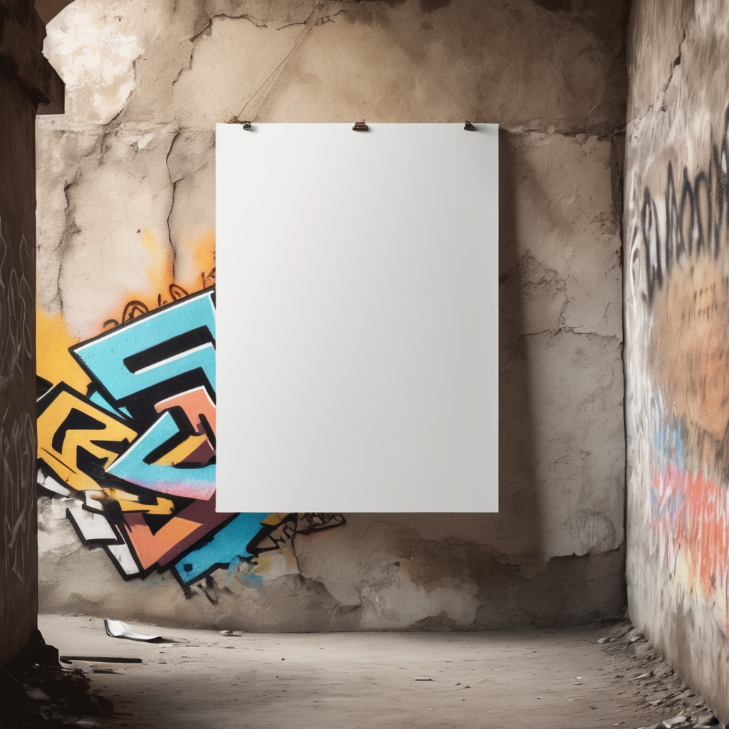 a white blank poster hangs on an old shabby wall with graffiti, the corner of the poster is bent, people are blurred, daylight, mockup, mock up