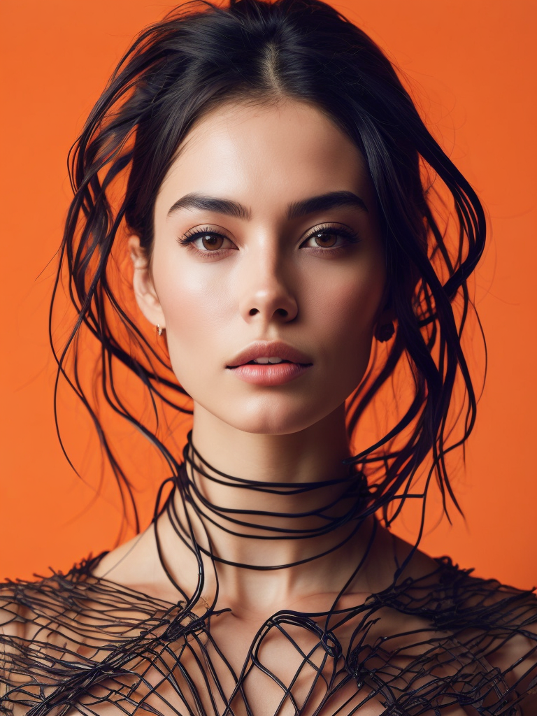 a fashion studio photo of a woman dressed in a black dress made of electrical wires, perfectly lit, solid orange background, Vivid saturated colors, Contrast color, studio photo, professional photo, Rich colors, Detailed image, detailed face