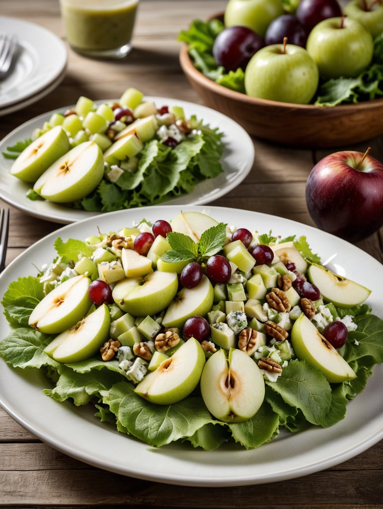 Waldorf Salad, small plate on a wooden table, Description: A delightful mix of crisp apples, celery, grapes, and walnuts in a mayonnaise-based dressing, often served on a bed of lettuce.
