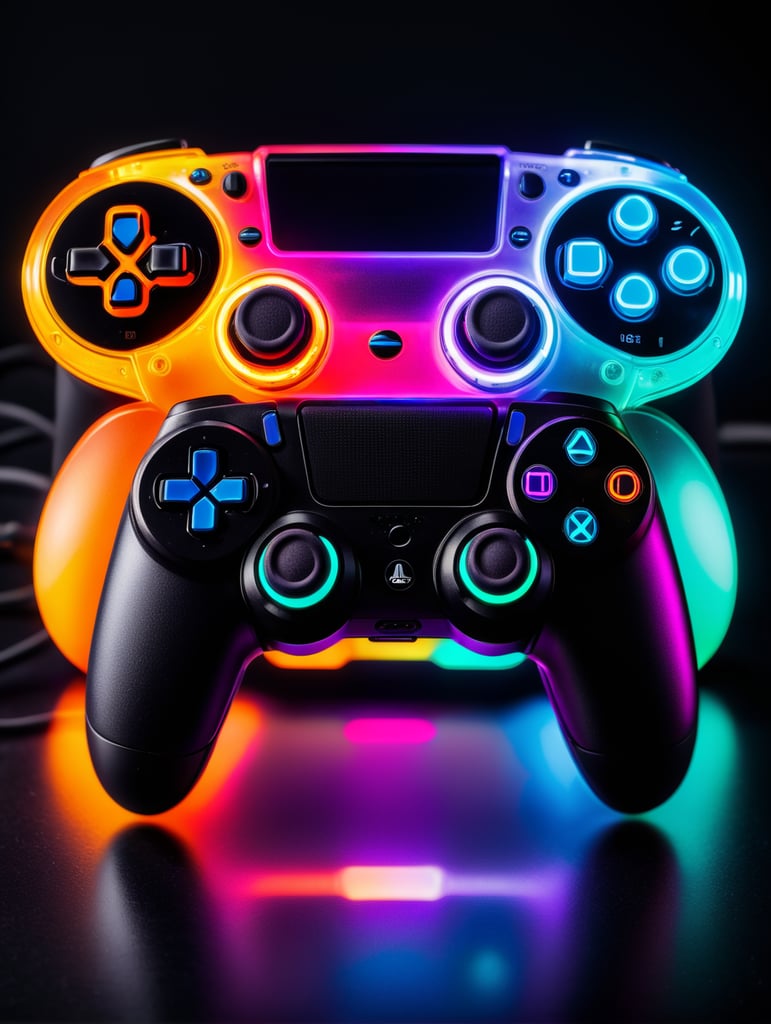 Design a futuristic, neon-colored gaming controller in the style of a playstation controller, glowing neon, semitransparent, deep vibrant colors, high details