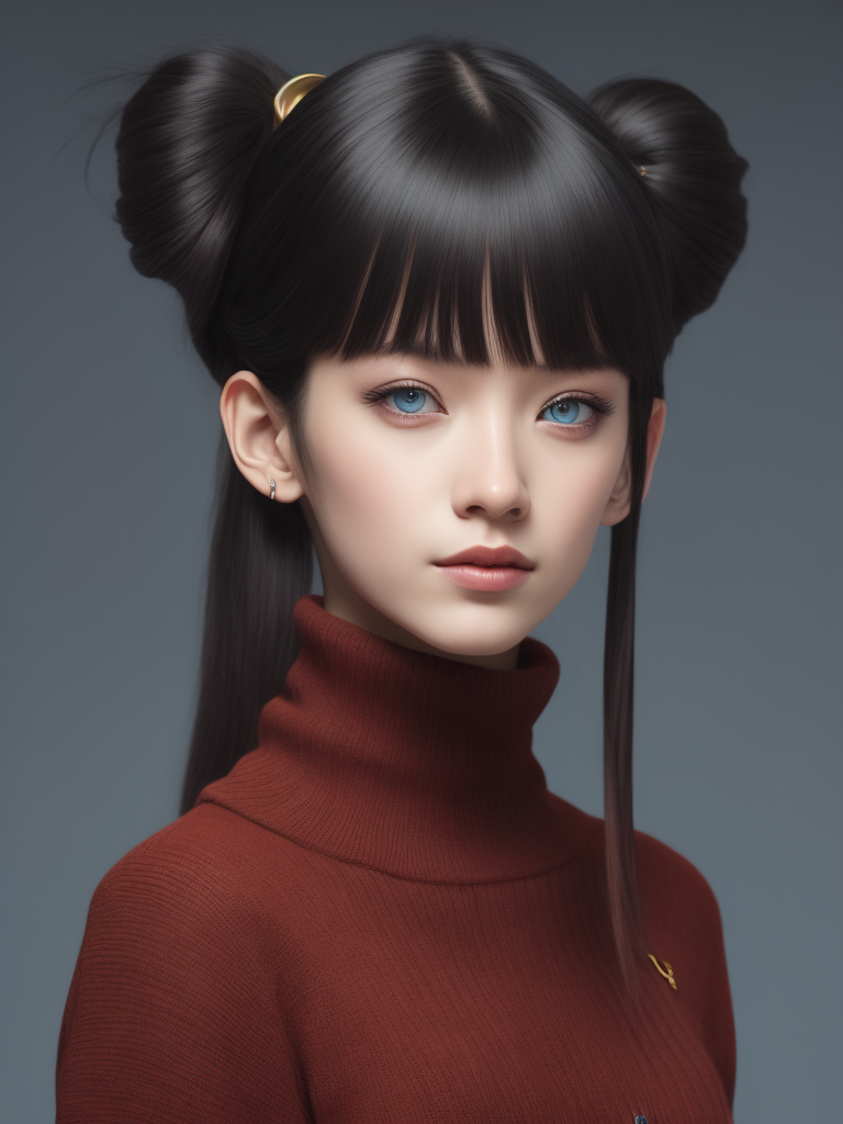 1girl, tohsaka rin, solo, long hair, sweater, red sweater, looking at viewer, blue background, black hair, simple background, two side up, turtleneck, blue eyes, lips, closed mouth, ribbon, hair ribbon, bangs, turtleneck sweater, upper body, parted bangs, black ribbon, ribbed sweater, twintails, nose,