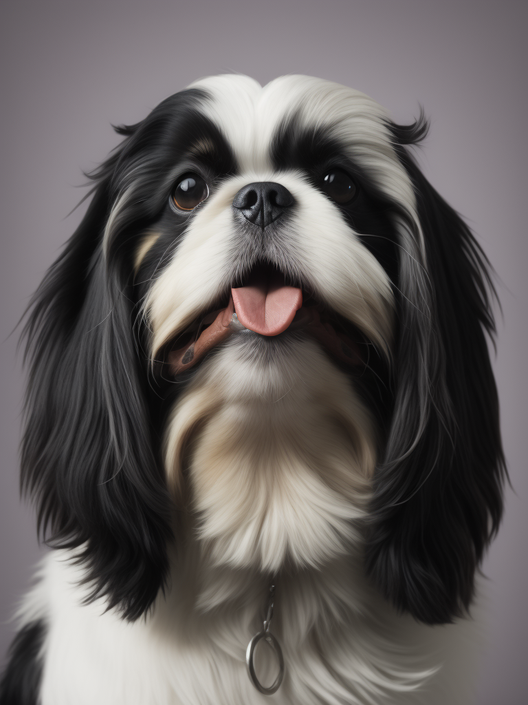 happy female black and white shih tzu dog with tongue out crooked head looking at camera hyper realistic depth of field colorful bright