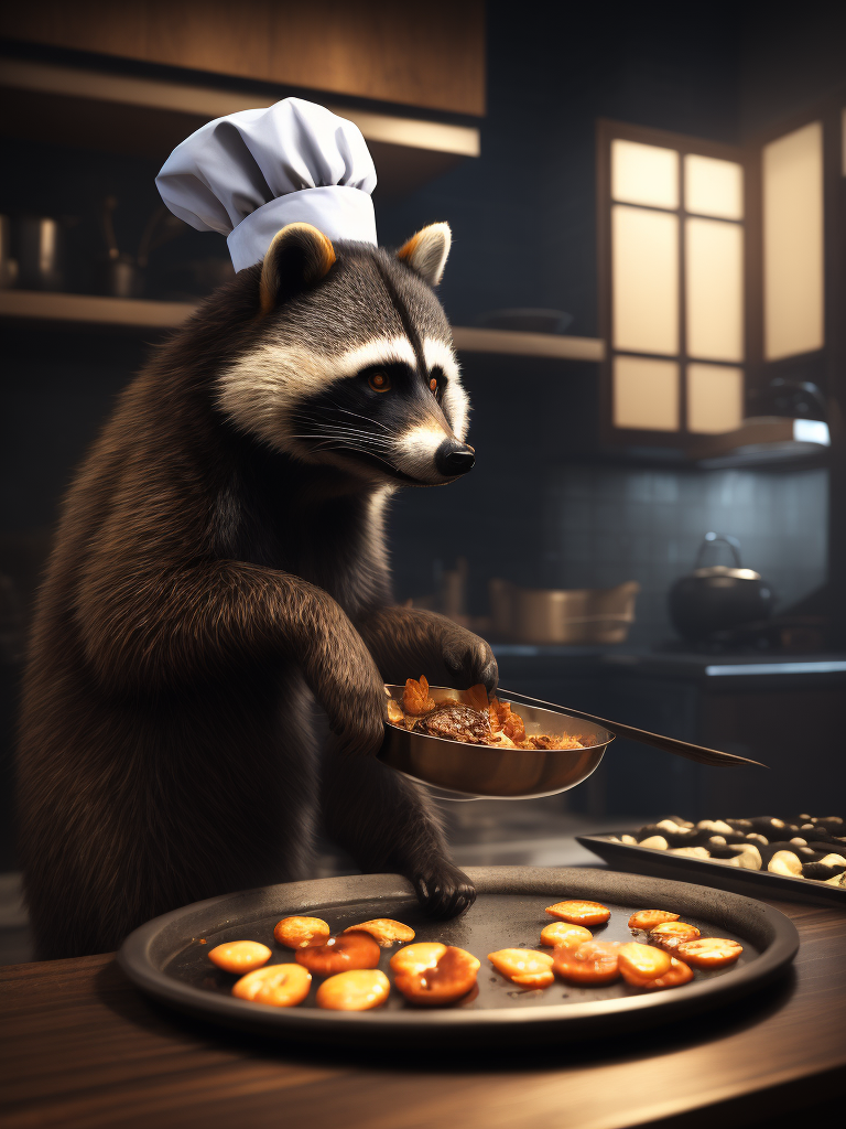 A chef racoon cooking scallops, wearing a chef hat, in a kitchen, professional