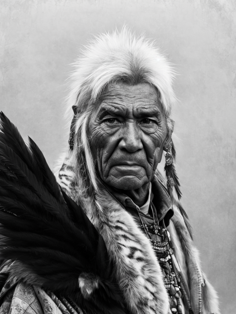 Canada's First Nations people, rare historical photo, black and white photography, a old man, traditional costume, redskin, native Americans