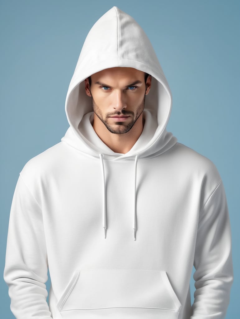 a man wearing blank white hoodie, isolated, blue background, style of Miles Aldridge, mockup, mock up