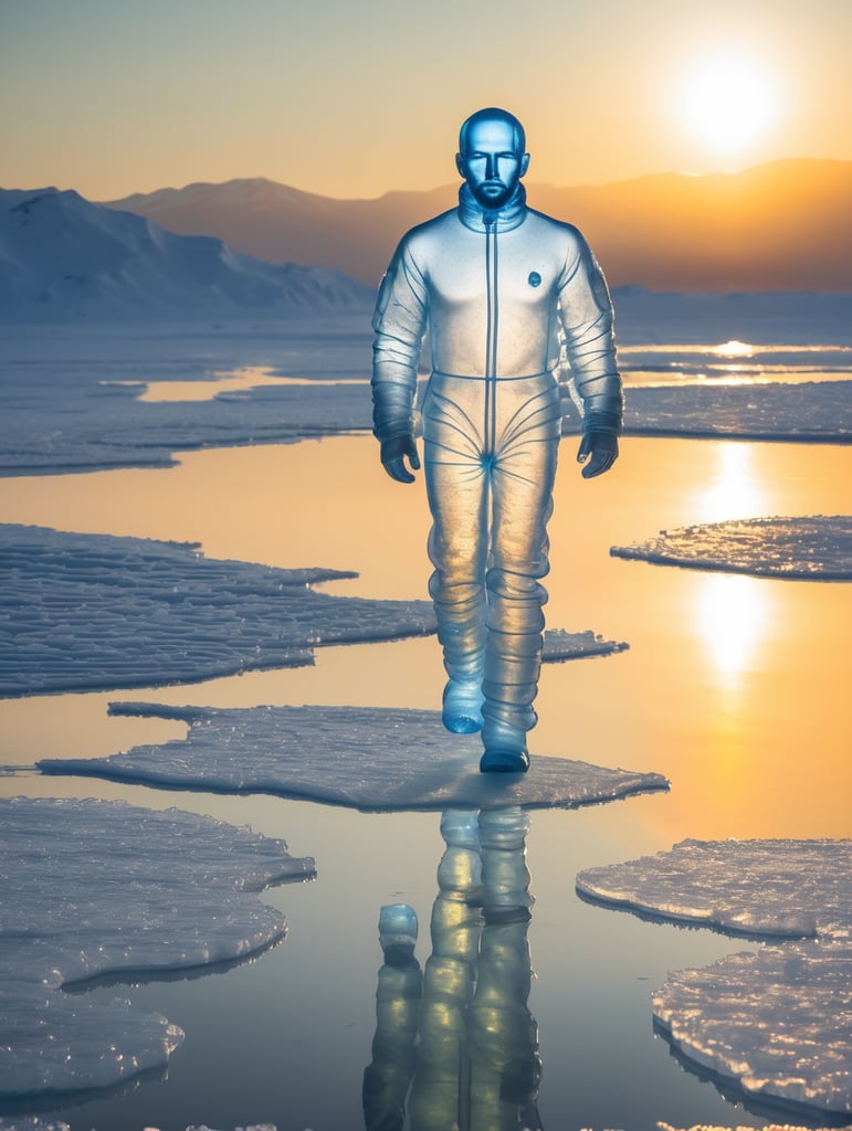 Translucent man made from the ice, walking on the surface of the sun