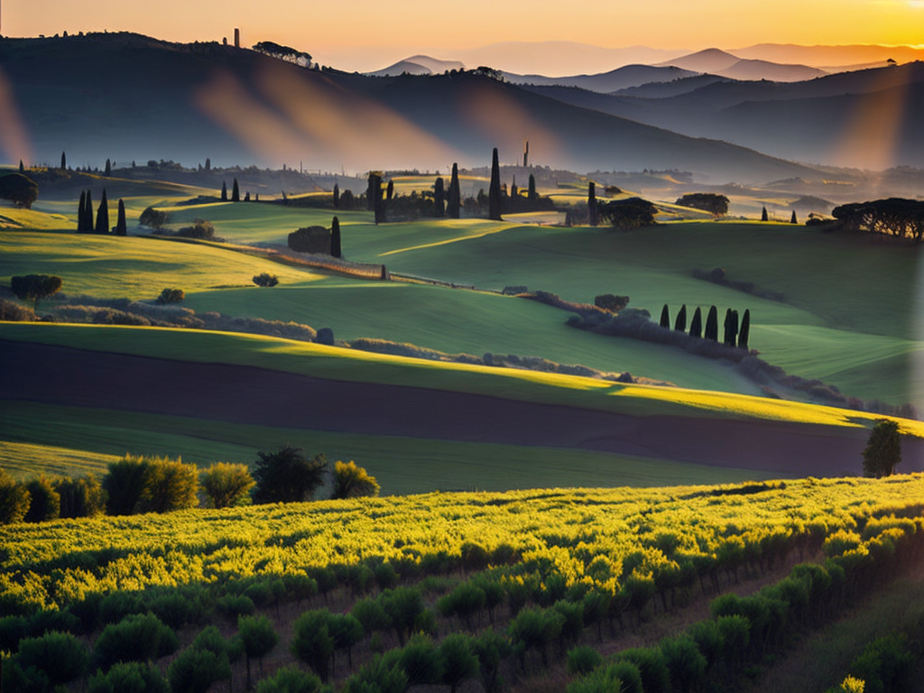 Generate a captivating image that showcases a tranquil Tuscan field at dawn. The field should be sprawling and filled with tall golden wheat, gently swaying with the breeze. A few scattered, ancient olive trees, their gnarled branches reaching up to the sky, dot the landscape. The sky above should be a magnificent mixture of warm oranges, pinks, and purples of the morning light, with the rising sun just peeping over the horizon. Nestled in the distant rolling hills, you can make out the silhouette of a charming Tuscan farmhouse, its red-tiled roof glowing in the dawn's first light. The overall atmosphere of the image should evoke a sense of peace and serenity, embodying the idyllic beauty of the Tuscan countryside.
