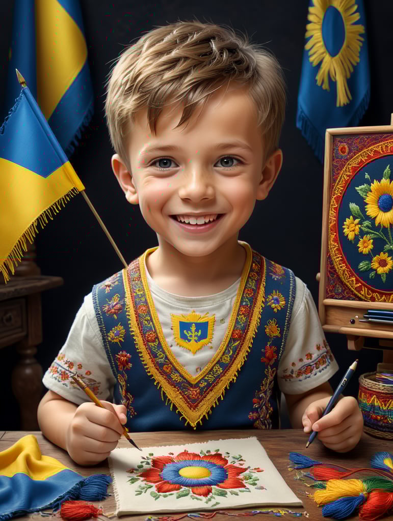 3D візуалізації веселого милого хлопчика в українській вишиванці, з графічним малює яскраві пригоди, на задньому фоні - вибух фарб в кольорах прапора України, стиль Disney
