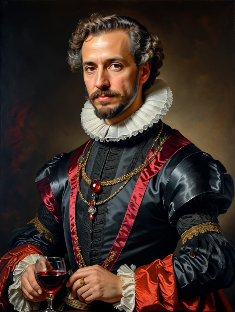 Portrait of Miguel de Cervantes in the studio, with a feather in one hand and a glass of wine in the other, drunk face, red noise and messy hair, very big starched ruff neck, dressed in black, Baroque style costume, vivid saturated colors, highly detailed, contrast colors, style of Velazquez, Painting, Oil, Portrait, Baroque, Spain, 17th Century,