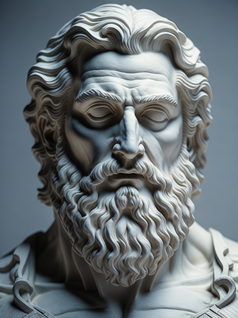 A realistic portrait white greek marble statue of a zeus, neutral background, moody, angry, photorealistic, movie scene, super detailed, hyperrealistic