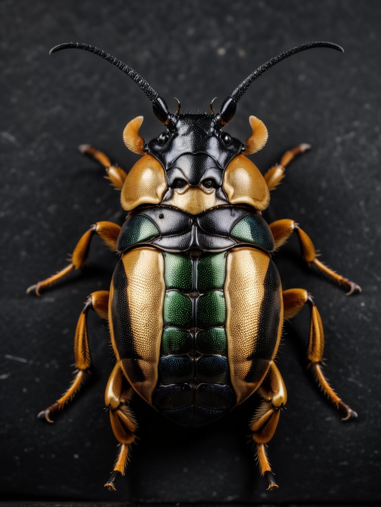 beautiful Goliath beetle, metallic, dark black background, incredibly detailed, overhead view, vibrant, dramatic lighting