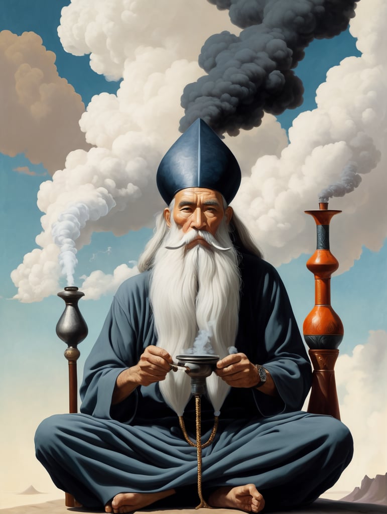 old wizard with a long beard sitting cross-legged, smoking a large hookah pipe with a huge cloud of smoke above him, style of Will Barnet