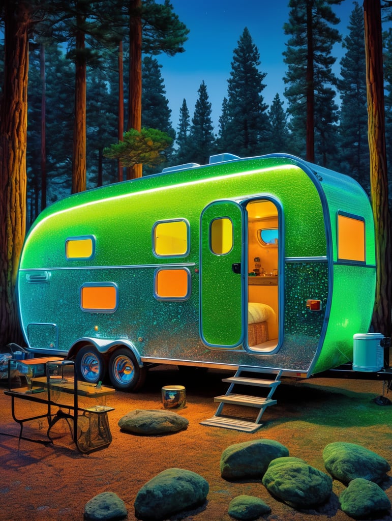 Fine Art Fluorescent Pointillism Sci-fi Surrealism Photography, Futuristic camping trailer, Portrait made of hyper-detailed transparent frosted plastic, Moebius Bernard Buffet, van Gogh, Vermeer, Erin Hanson, Pierre Soulages, National Geographic, textured depth, vibrant fluorescent hyperrealism photo