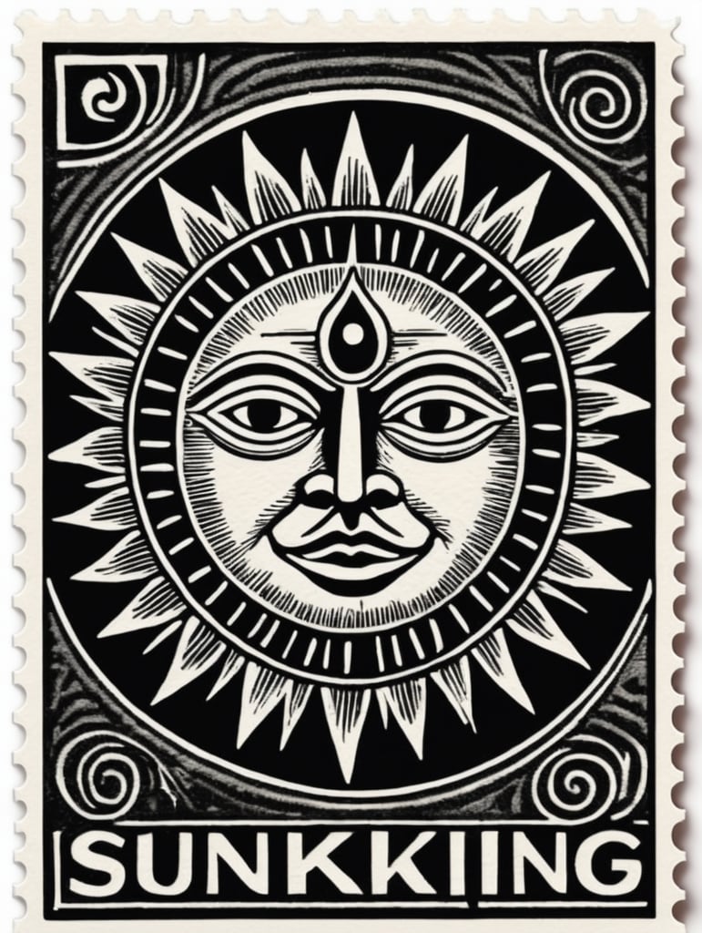 Black and white linocut postage stamp sun king thick bold dark lines