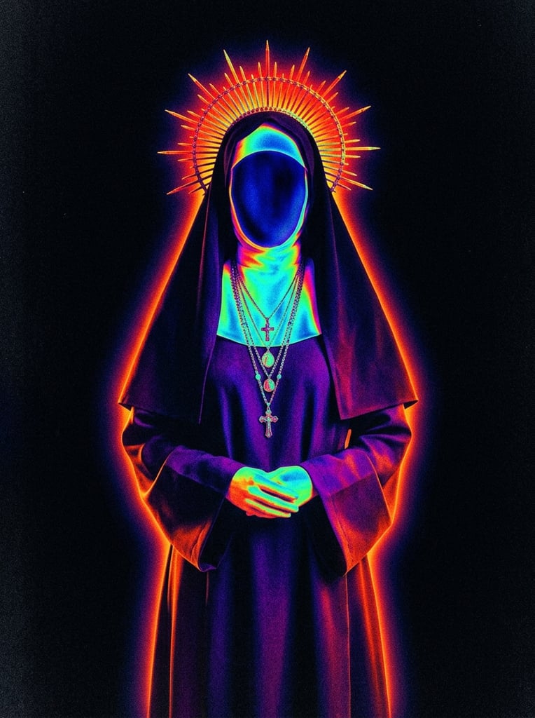 A central figure wearing a flowing nun's habit with a completely obscured face stands adorned with multiple layered necklaces featuring prominent crosses and religious medals, crowned by a spiked halo headpiece resting atop the veil. The scene is rendered in an extreme, psychedelic thermal-imaging aesthetic characterized by an ultra-saturated, false-color neon palette. The subject and immediate surroundings radiate with a luminous heat-map gradient, transitioning from blazing crimson and vibrant tangerine to acidic yellow, deep indigo, and vivid magenta. The spiked halo and metallic necklaces blaze in hot, high-contrast hues like lime green and bright cyan, standing out against the darker, cooler purple folds of the habit. The figure is grounded on a rolling, abstract terrain of smooth neon color waves, set against a stark, pure pitch-black background void. A coarse, heavy film grain and pronounced digital noise texture blankets the entire composition, amplifying the lo-fi, high-contrast infrared photography style with glowing, radiant edges and stark shadow mapping.