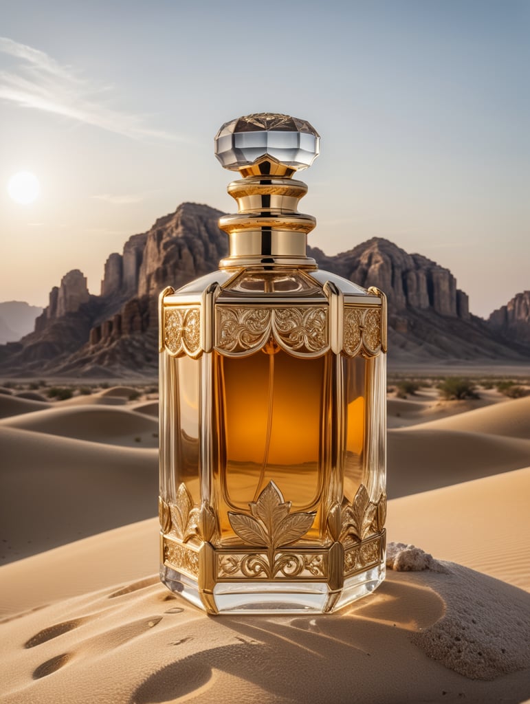 professional photography of a luxury perfume bottle in the desert, no label, clear, mockup