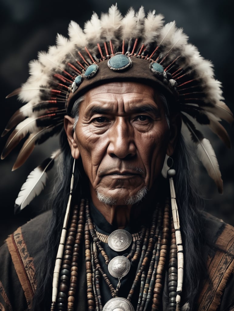 portrait, old western Native American Shaman, national clothing, dark scene, dark atmosphere, epic shot, sharp on details