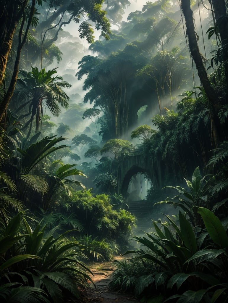 (((digital painting style))) Jungle with misty atmosphere, conceptual ilustration, digital painting effect, Dusan Markovic style, masterpiece, utra quality, extreme details