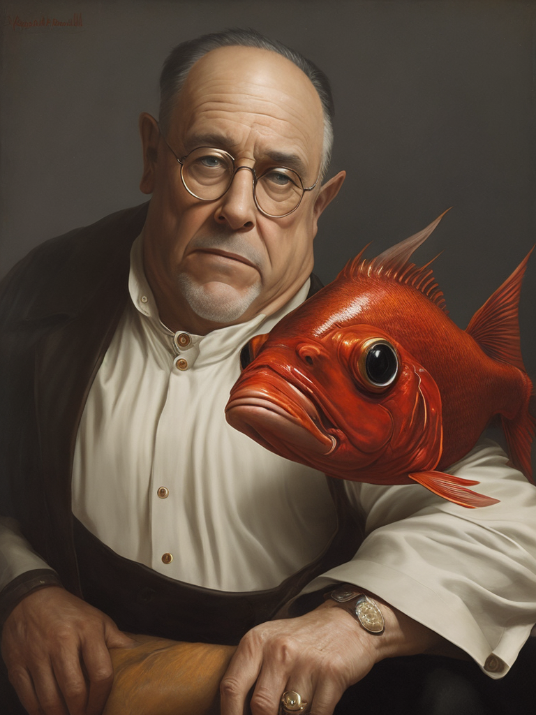 Demonic red fish with red horns, painting in the style of norman rockwell, hyper realistic, photorealistic, highly detailed