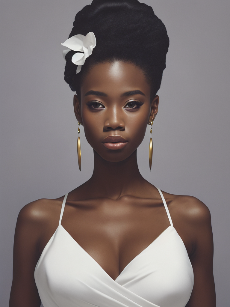 Portrait of a beautiful african american woman wearing a white wedding dress, by tran nguyen