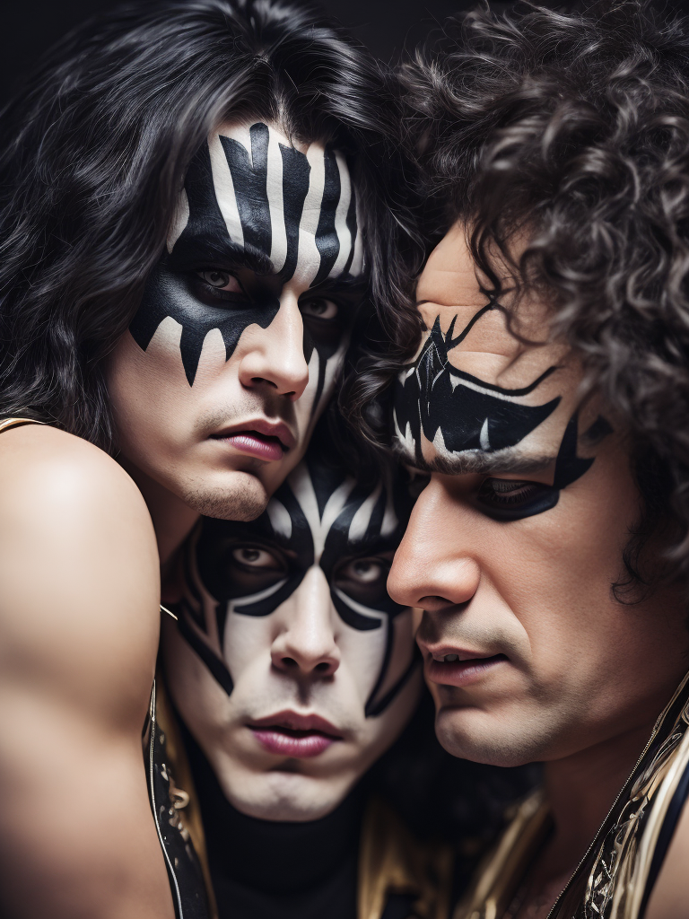Rock band Kiss, studio photo, professional photo, Bright and rich colors, Detailed image, detailed face,