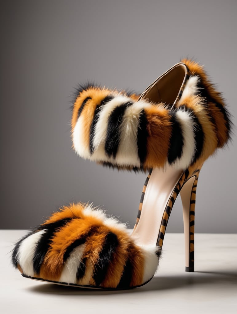 High heeled shoe made from tiger fur