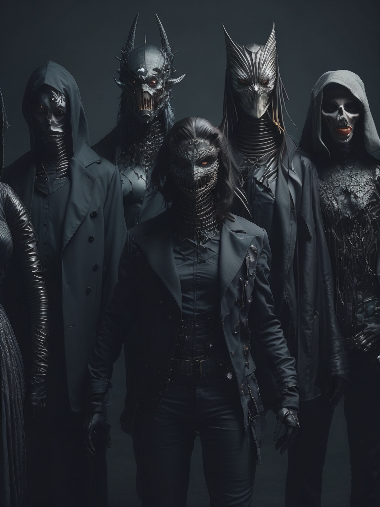 A group of creepy evil abstract non-human horror creatures with no face wearing black suits posing for a group photo, concept art, cyberpunk hq