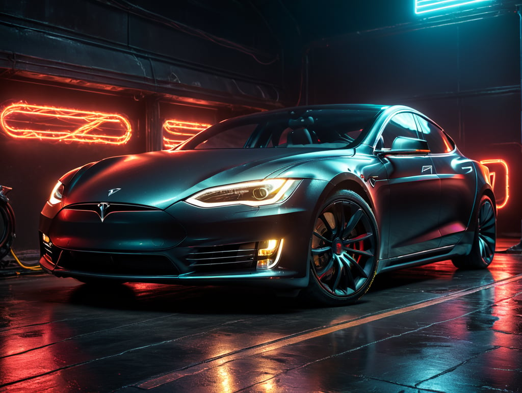 highly detailed, clean, tesla car with neon lights and trails