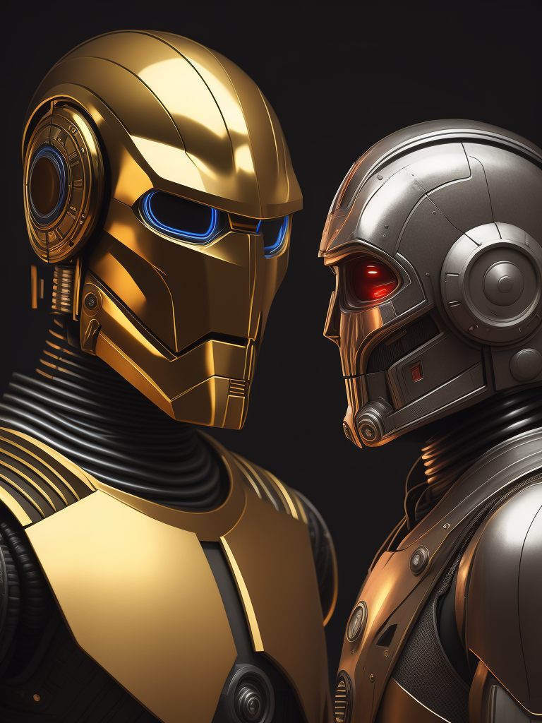 Robot illustration with two faces in the same face, bipolar face, cinematic lightning, like c3po star wars