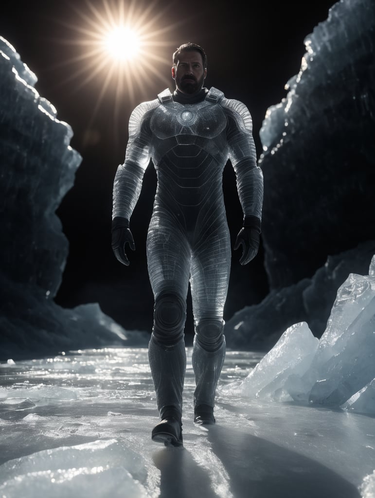 Translucent man made from the ice, walking on the surface of the sun