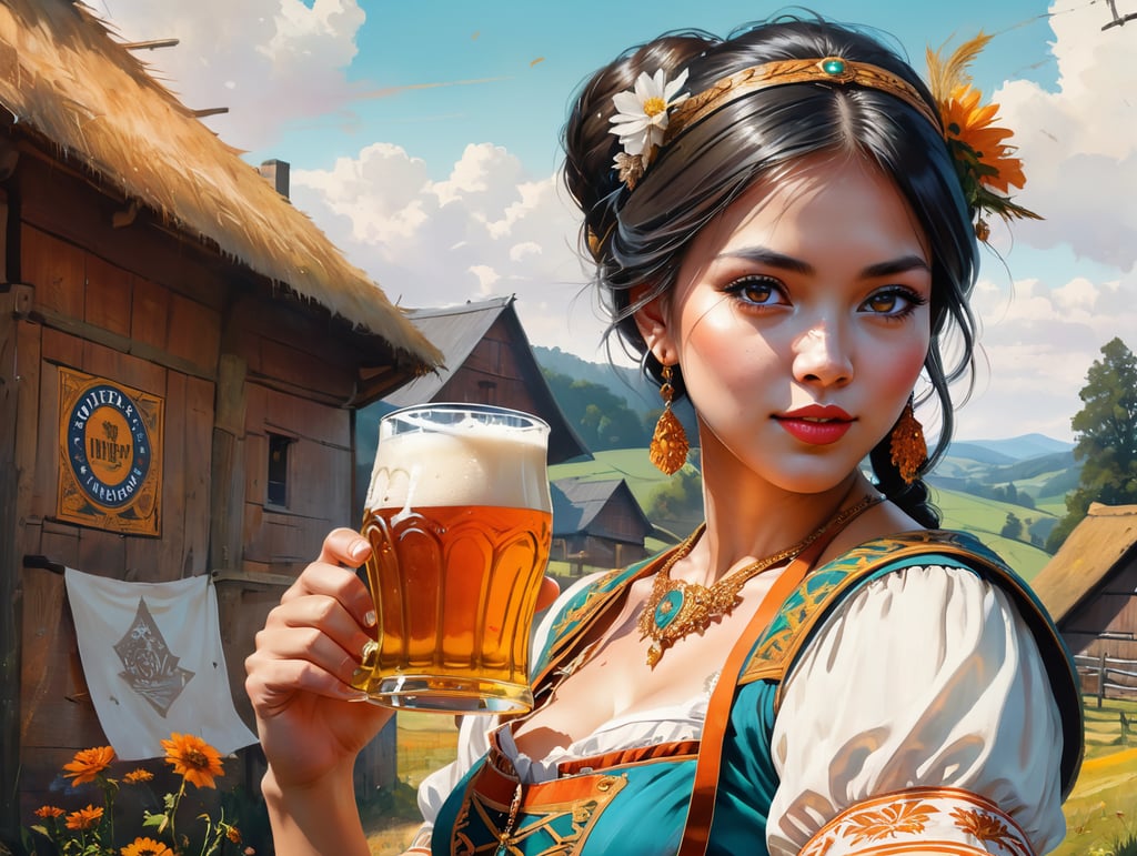 anglo saxon woman on Cute Poster Art for Oktober Fest in the German countryside, girl dressed in traditional tracht and drinking beer, new exciting angle