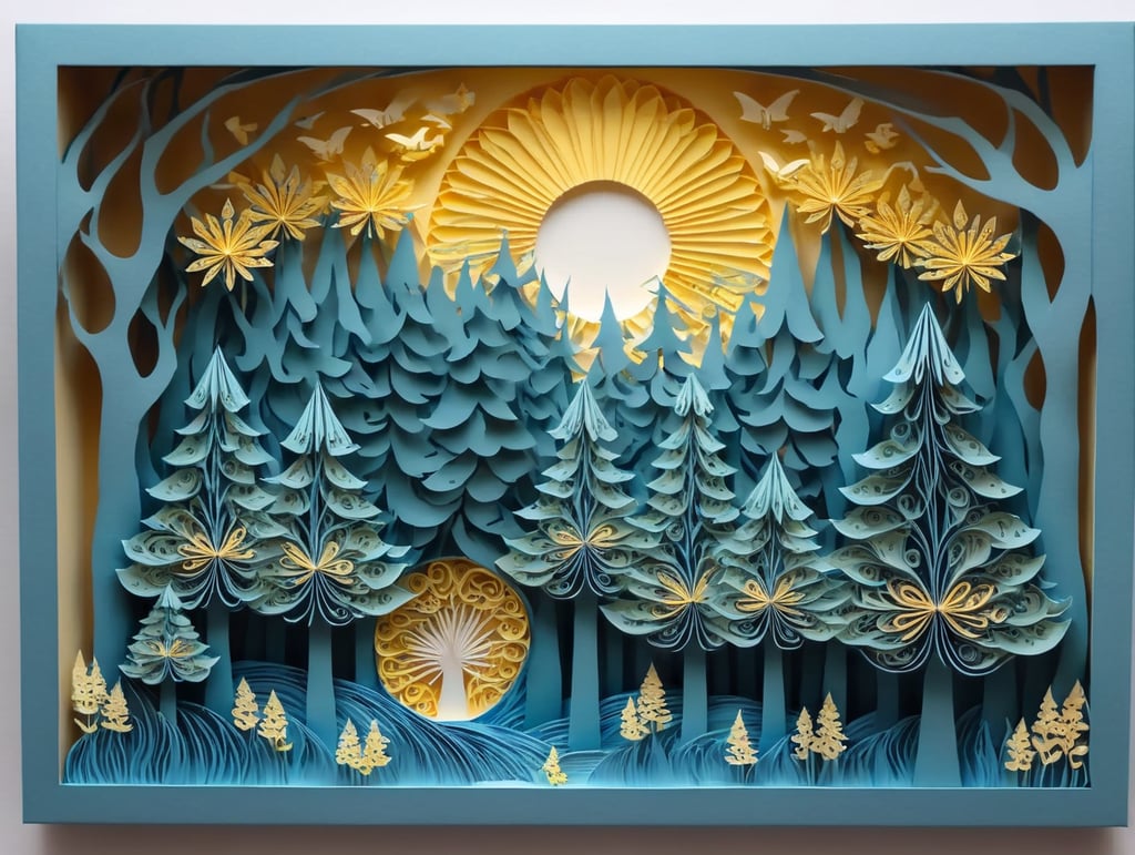 surreal forrest small trees with an overall color of light blue with bursts of light pale yellow