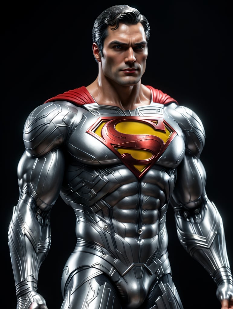 silver superman figure, complete body, head, arms, legs, feet, black background, Disney style, Pixar style, 4k, full HD