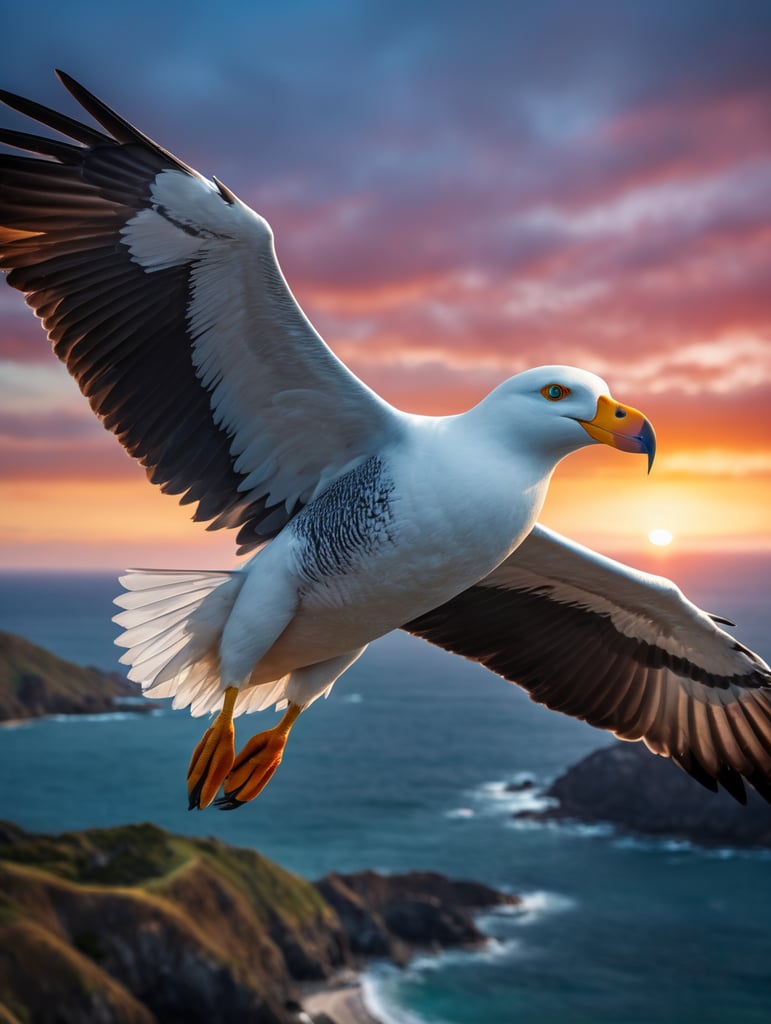 Metaverse, UX, futuristic, beautiful albatross, beautiful eyes, open wings, portrait, beautiful colors, realistic and hyper detailed, rendered in cinema 4d, magic realism, beautiful sunset, southern ocean, scale