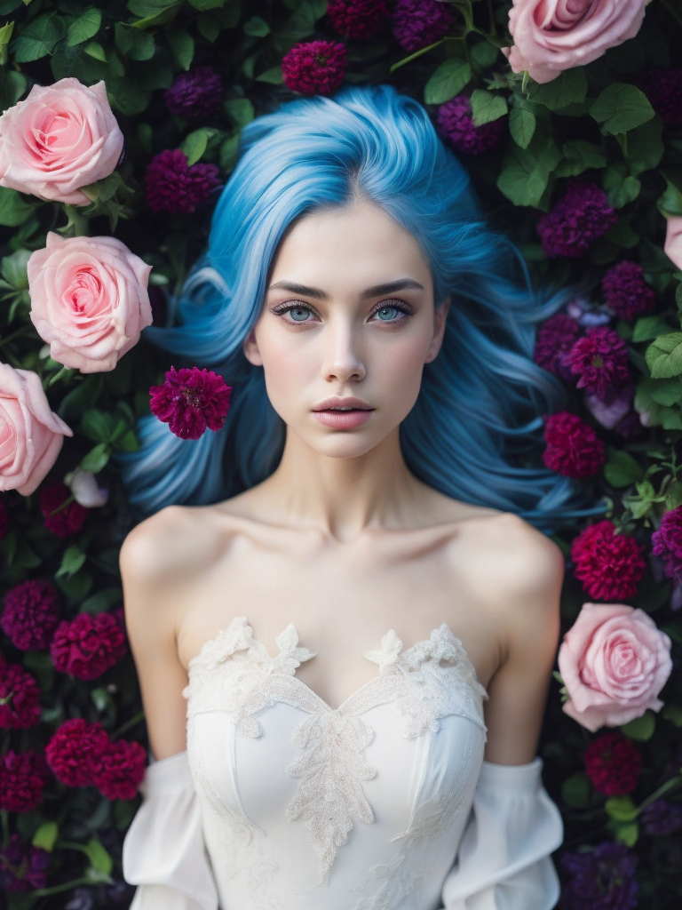 Desktop HD wallpaper: Flower, Rose, Dress, Model, Women, Blue Eyes, Blue Hair, Long Hair, Lying Down free download background picture,Human laying in flowers, top view, cinematic, dark light, beautiful colors, detailled, 4k