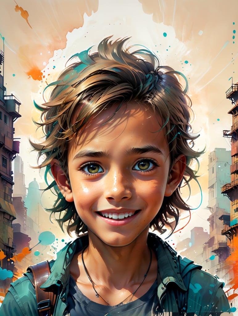 a young boy adventurer similar to Indiana Jones, creative, and kind-hearted person with long, curly blonde hair, big eyes, small nose, and a smiling mouth, standing centered in 3D style, rendered using beautiful Disney animation, Pixar style, Disney style, 3D style