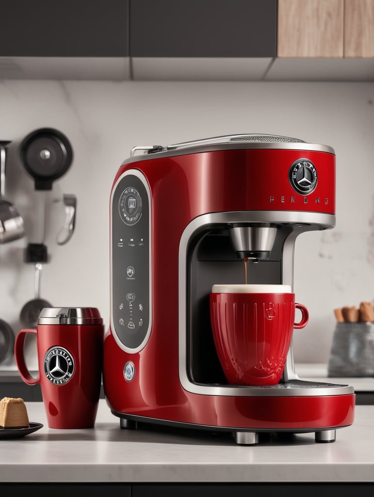 a capsule coffee machine shaped like a red mercedes benz, grain grinder on top, coffe mug, kitchen, realistic