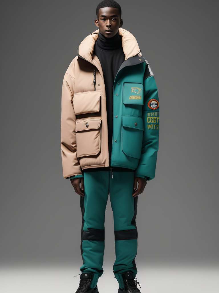 Full body view of a heavily pastel colored yeezy inspired work jacket, which is also inspired by the following brands, arcteryx, off-white, gore-tex, canada goose, rhude and vetements