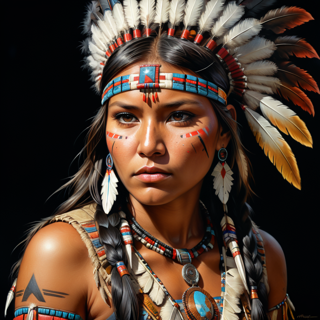 American Indian girl on black background, portrait,Oil Painting style,comics,only brown colors