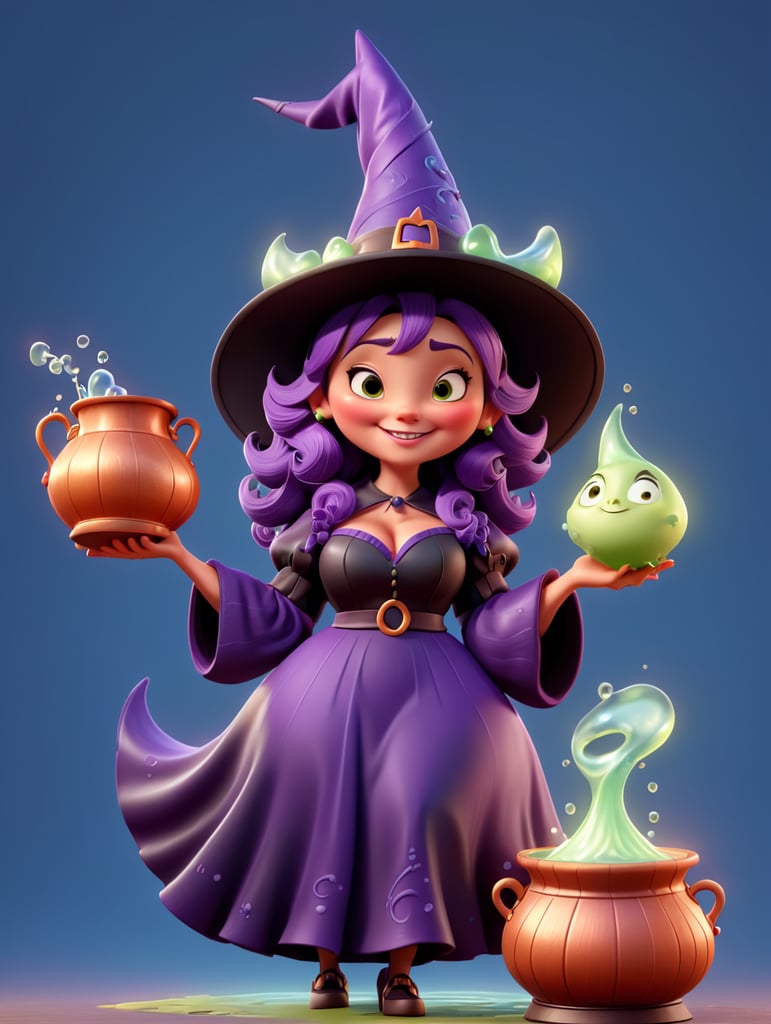 A charming and mischievous Full body witch character in Disney Pixar style, wearing a pointy hat and holding a bubbling cauldron
