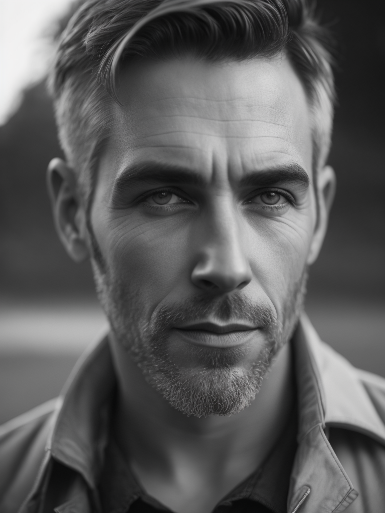 A realistic photo of a 40-year-old man is featured on the homepage., the man has a rugged and weathered look, with a few wrinkles and lines on his face that tell the story of his life experiences., his eyes show a depth of knowledge and understanding, with a sense of calm and confidence., the photo captures him in a natural setting, with a background that complements his personality., black and white photography, color photography, portrait, candid shot, environmental portrait, natural lighting, high contrast