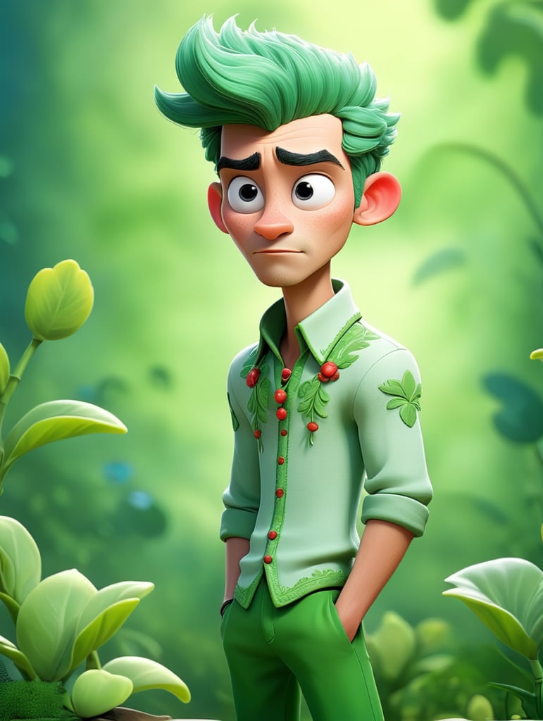 Crea al principe del reino de las plantas que vista de color verde y su cabello es corto y de color rojo, su piel es blanca y el es delgado y con una apariencia inocente, utiliza ropa muy femenina