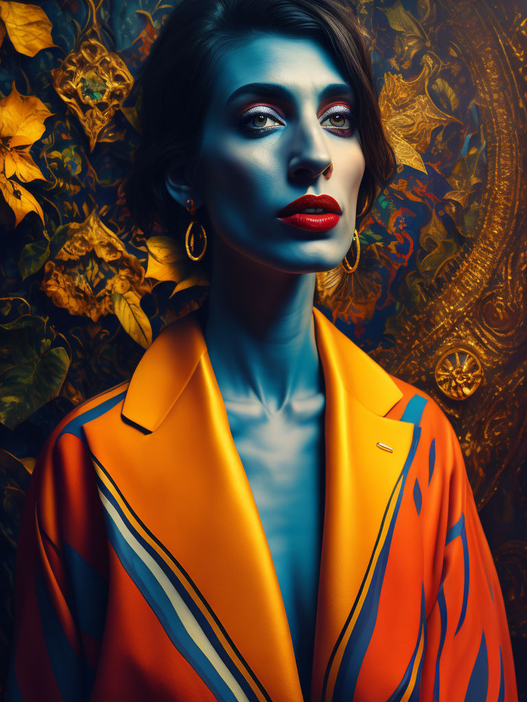 Portrait of Picasso, bright and saturated colors, elegant, highly detailed, vogue, fashion magazine, sharp focus, bright expressive makeup, dramatic lighting, depth of field, incredibly high detailed, blurred background