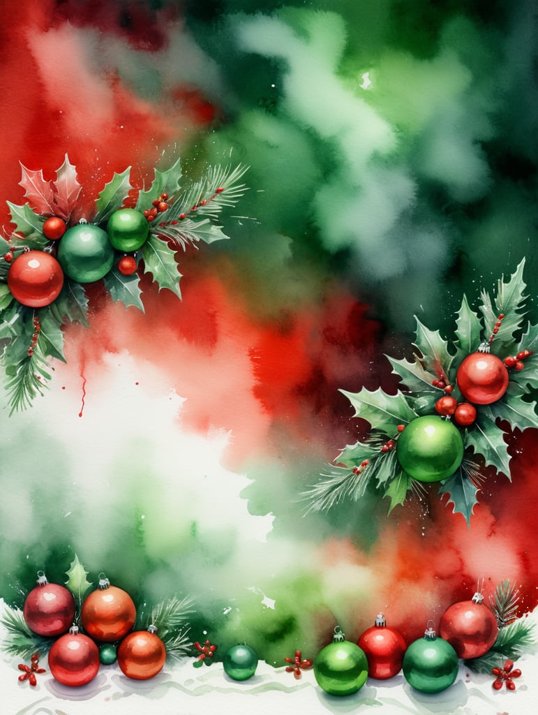 watercolor red and green christmas background with lots of white space